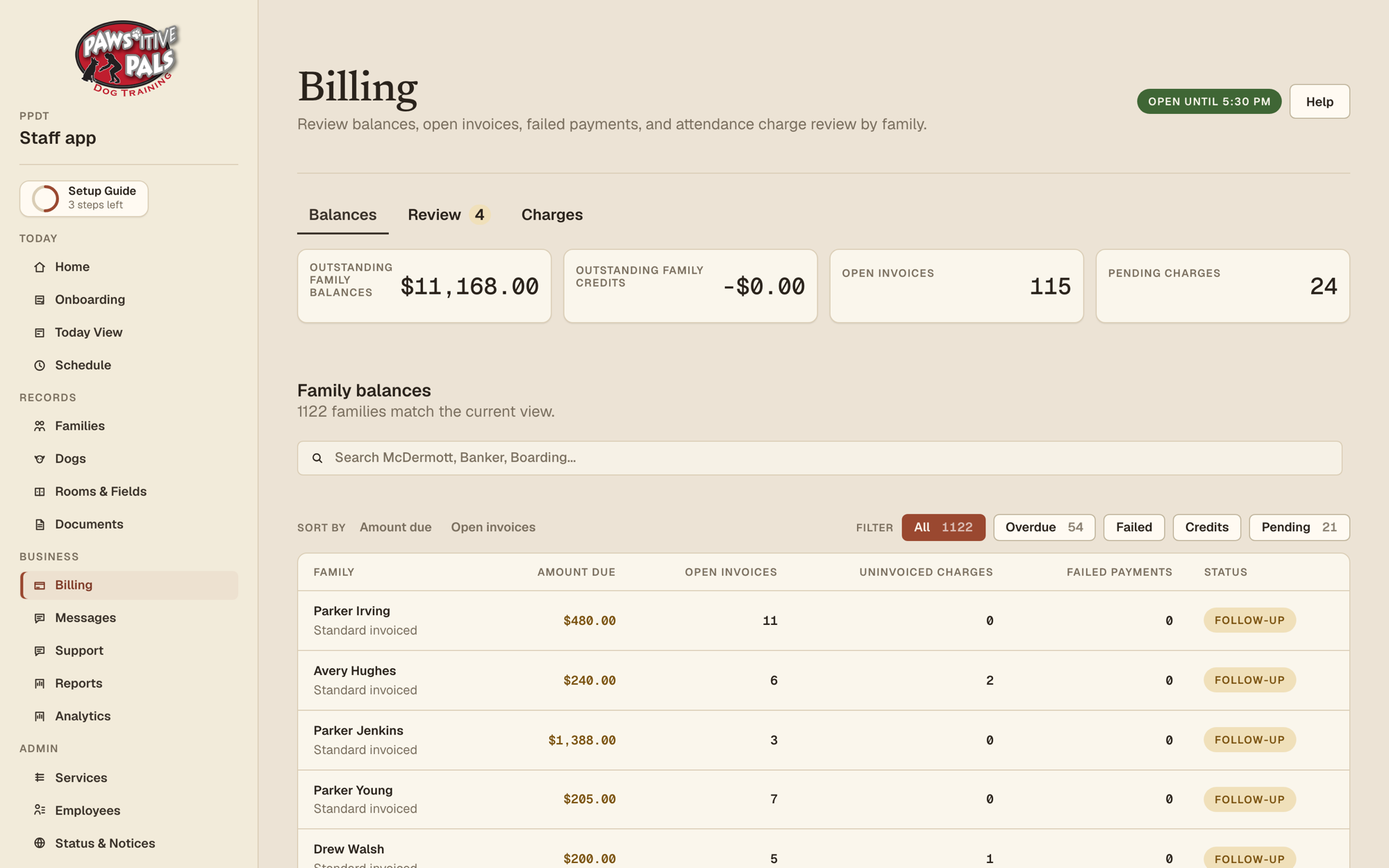 Hello Sniff staff billing screen: outstanding family balances, open invoices, pending charges, and a per-family balances table